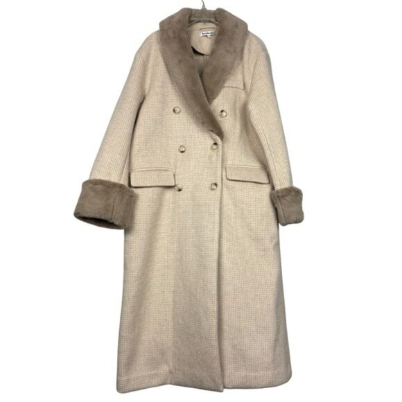 Reformation Wool Alpaca Houndstooth Faux Fur Trimmed Double Breasted Coat - Picture 2 of 6